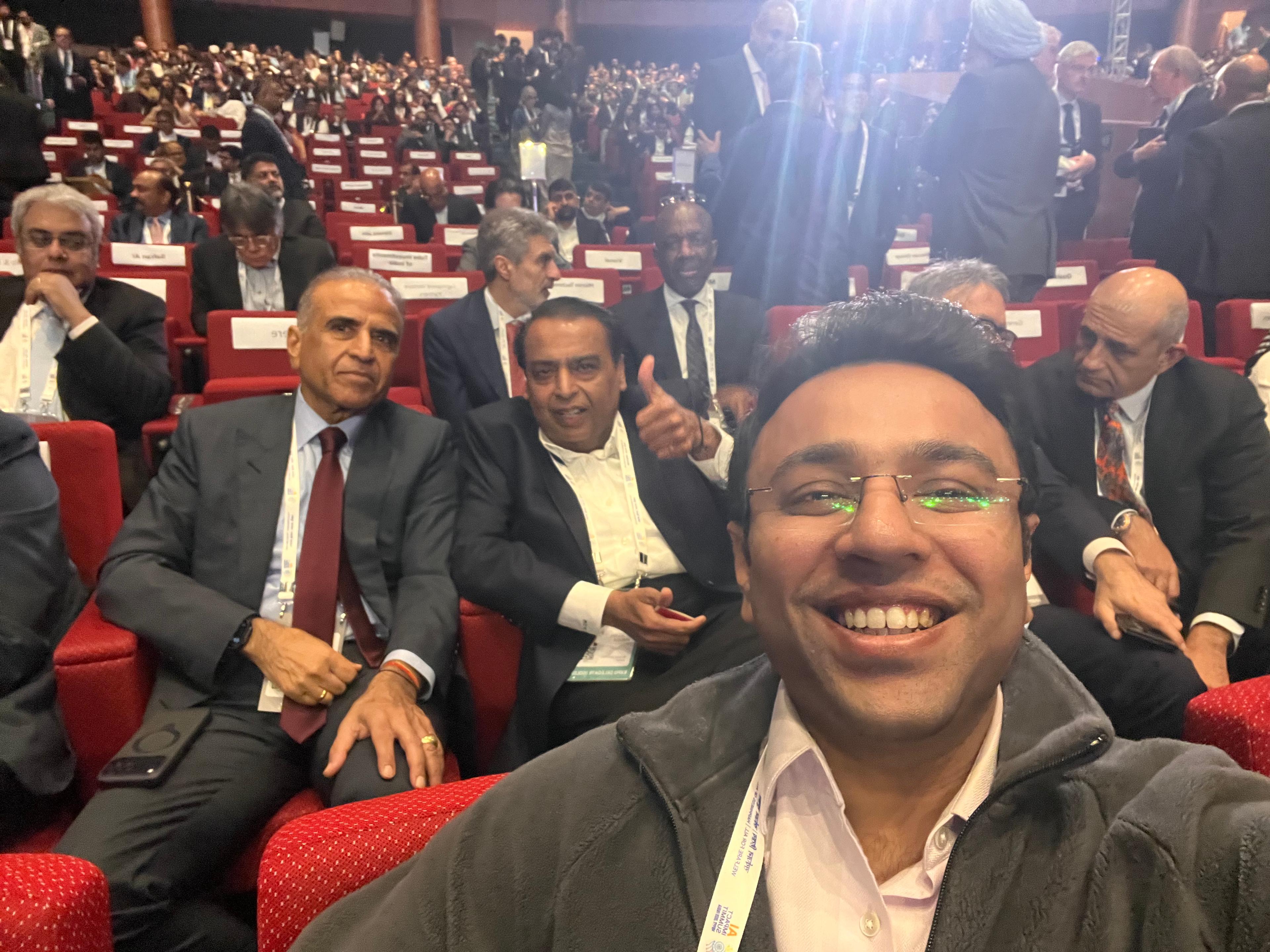 Pravin Kaushal with Mukesh Ambani and Sunil Bharti Mittal at the IndiaAI Summit, New Delhi.